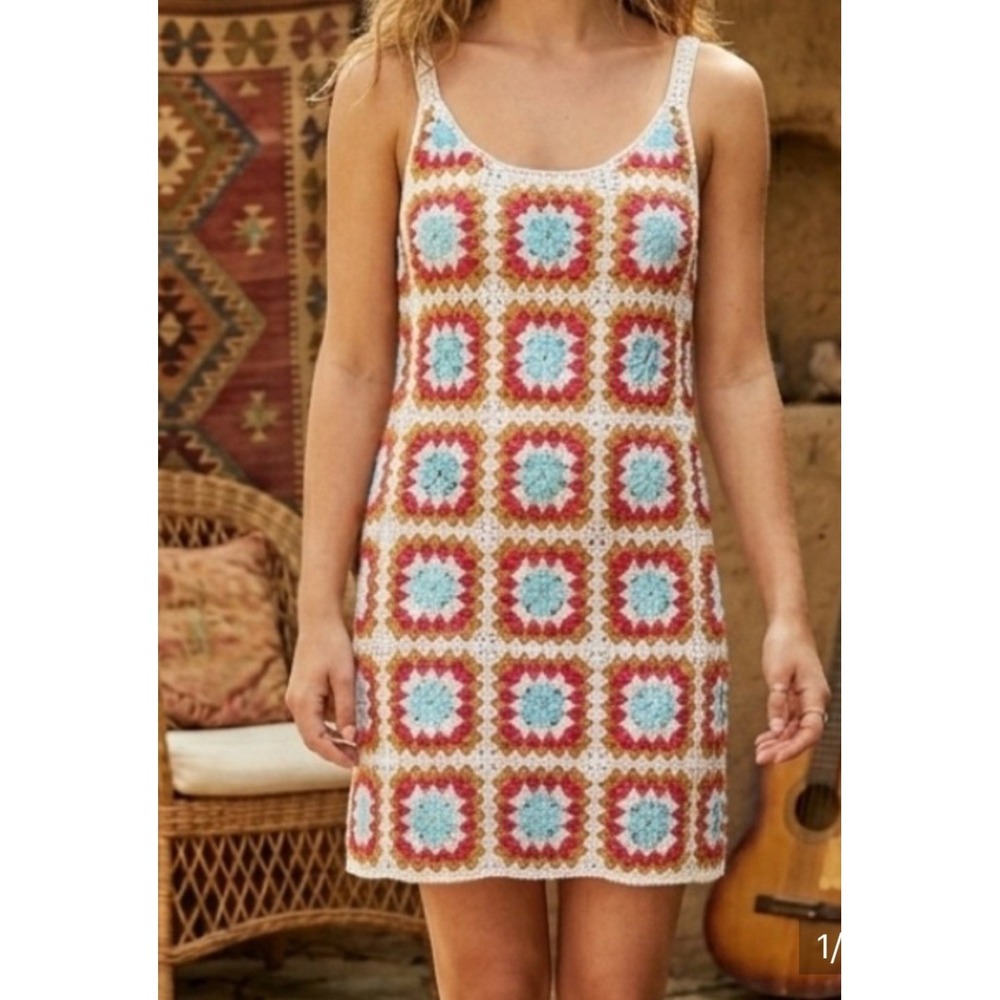 NWT Granny Square Crochet Knit Mini Dress XS Willow‎ & Wind Hippie Chic Boho